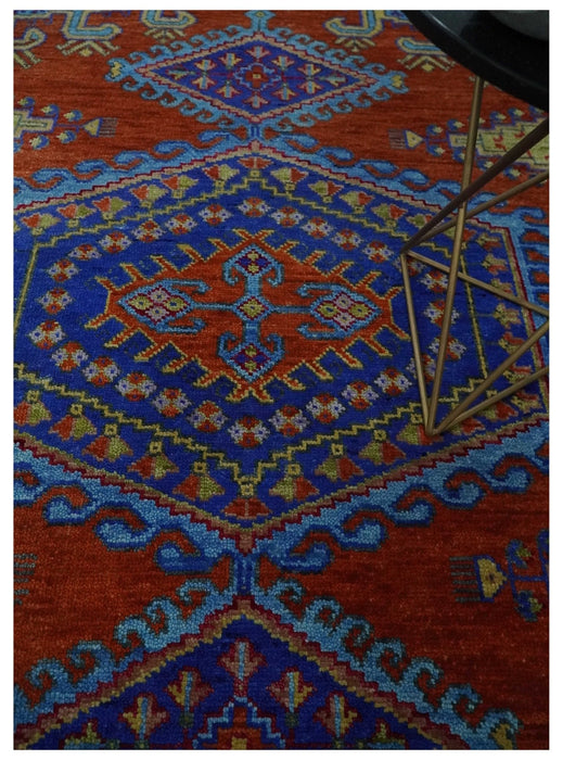 Hand Knotted Rust, Blue and Olive Traditional 8x10 Antique Style Wool Area Rug
