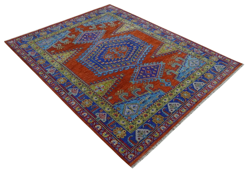 Hand Knotted Rust, Blue and Olive Traditional 8x10 Antique Style Wool Area Rug