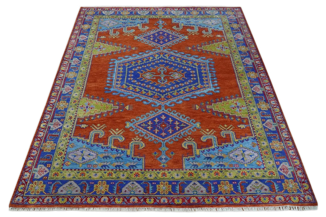 Hand Knotted Rust, Blue and Olive Traditional 9x12 Antique Style Wool Area Rug