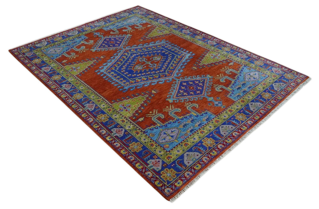 Hand Knotted Rust, Blue and Olive Traditional 9x12 Antique Style Wool Area Rug