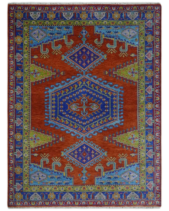 Hand Knotted Rust, Blue and Olive Traditional 9x12 Antique Style Wool Area Rug