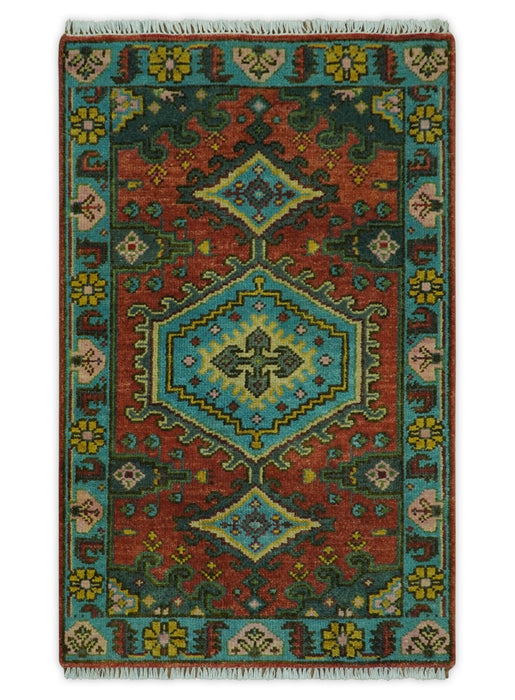 Hand Knotted Rust, Blue and Olive Traditional Antique Wool Rug