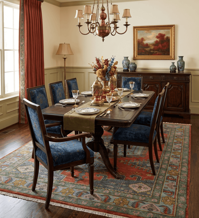 Hand Knotted Rust, Blue and Olive Traditional Antique Wool Rug
