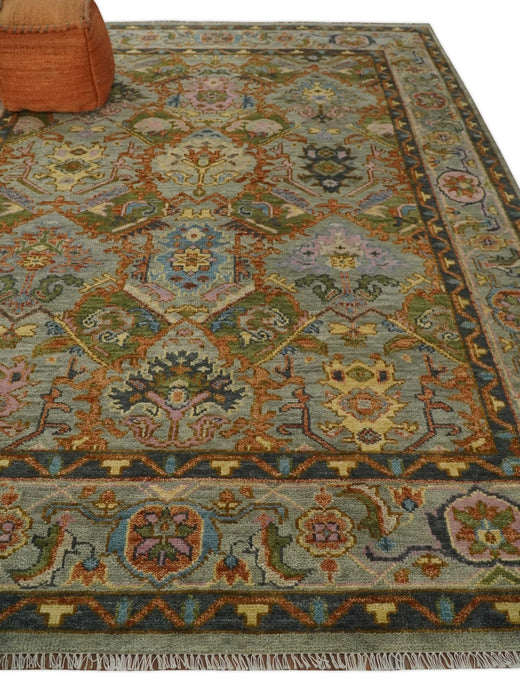 Hand knotted Silver, Rust and Pink Traditional Antique Moss green Oushak Area Rug