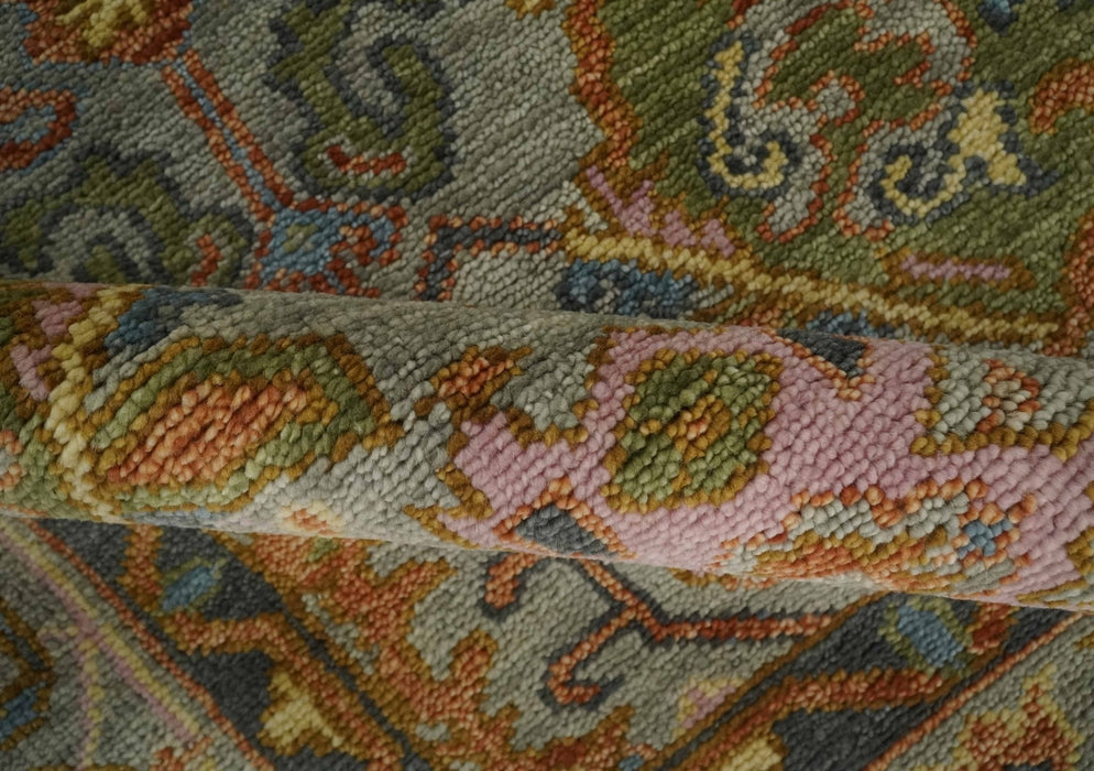 Hand knotted Silver, Rust and Pink Traditional Antique Moss green Oushak Area Rug