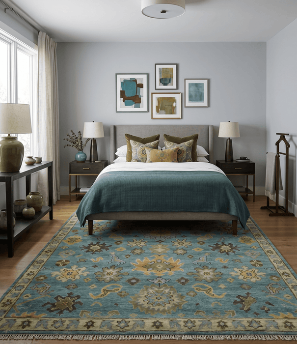 Hand Knotted Teal and Gold Traditional Oushak Multi Size Wool Area Rug