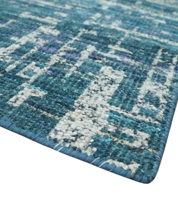 Hand Knotted Teal and Ivory Modern Abstract Contemporary Recycled Silk Area Rug