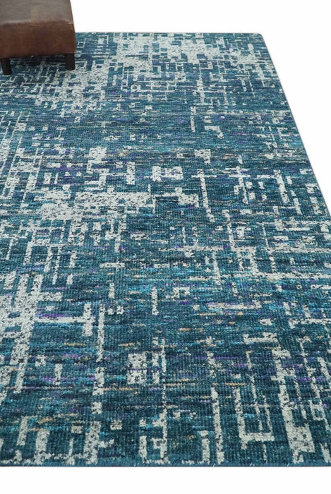 Hand Knotted Teal and Ivory Modern Abstract Contemporary Recycled Silk Area Rug
