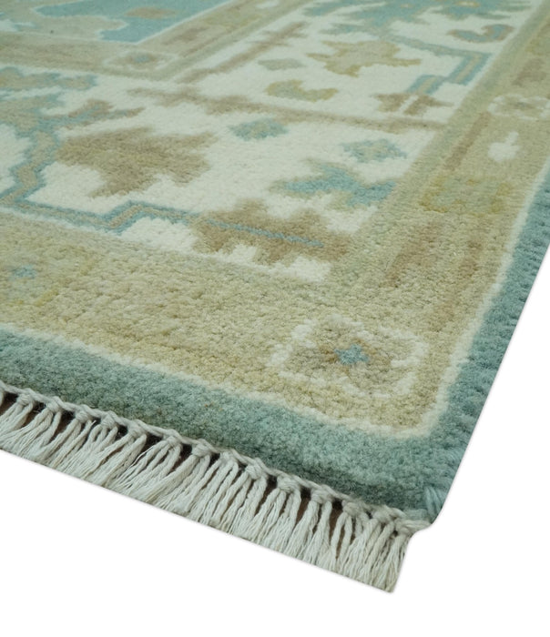 Hand Knotted Teal, Ivory and Beige Traditional Oriental Oushak Multi Size wool rug