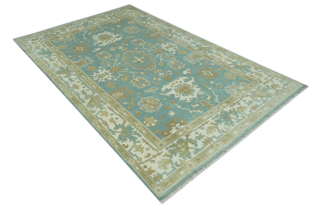 Hand Knotted Teal, Ivory and Beige Traditional Oriental Oushak Multi Size wool rug