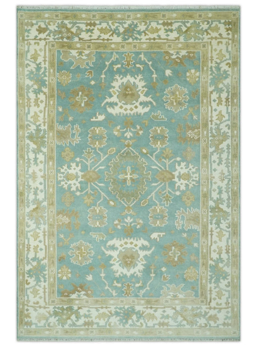 Hand Knotted Teal, Ivory and Beige Traditional Oriental Oushak Multi Size wool rug