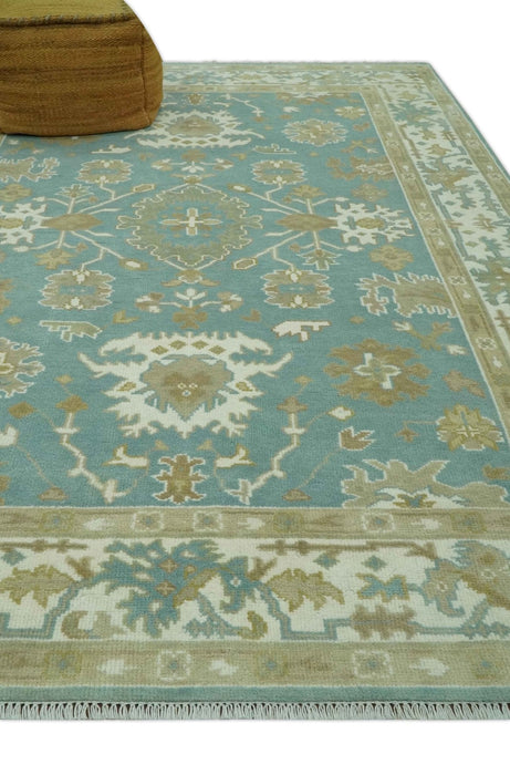 Hand Knotted Teal, Ivory and Beige Traditional Oriental Oushak Multi Size wool rug