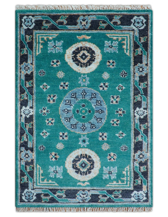 Hand knotted Teal Traditional Khotan Design 4x6 Wool Area Rug