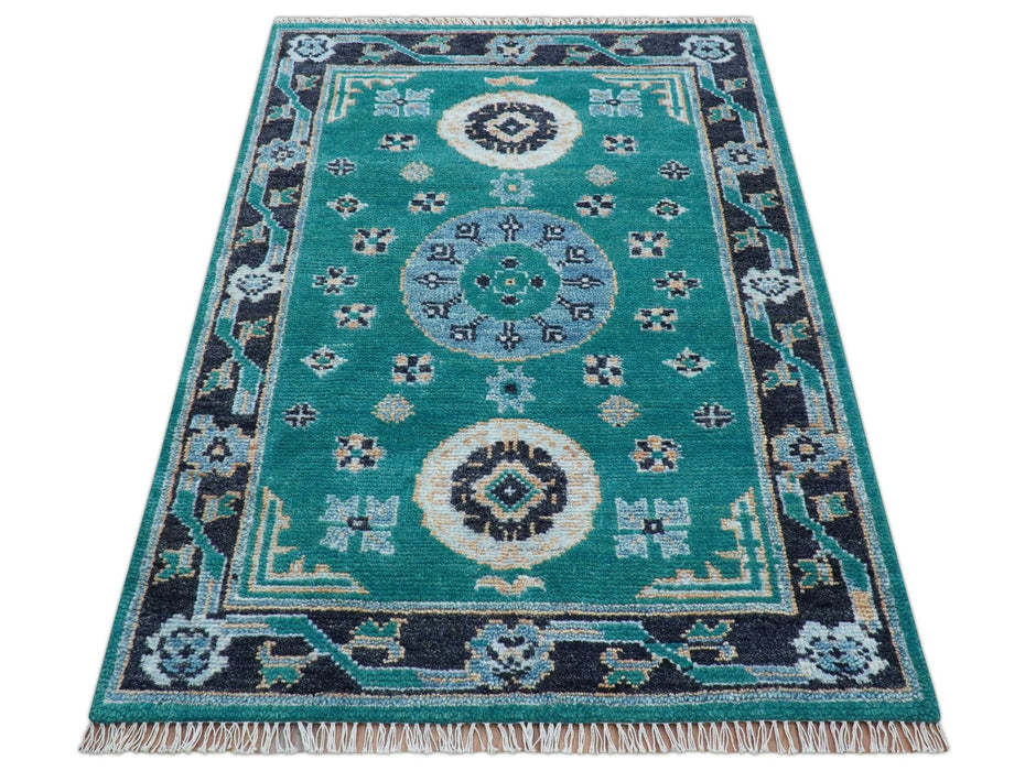 Hand knotted Teal Traditional Khotan Design 4x6 Wool Area Rug