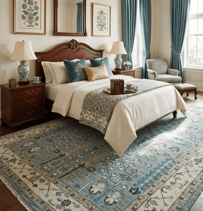 Hand Knotted Traditional Aqua and Ivory Antique Oushak Custom Made Wool Area Rug