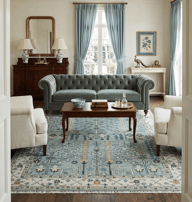 Hand Knotted Traditional Aqua and Ivory Antique Oushak Custom Made Wool Area Rug