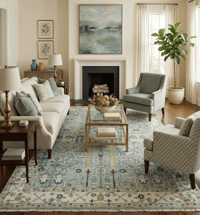 Hand Knotted Traditional Blue and Ivory Antique Oushak Custom Made Wool Area Rug