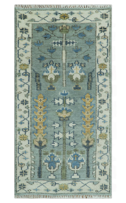 Hand Knotted Traditional Aqua and Ivory Antique Oushak Custom Made Wool Area Rug