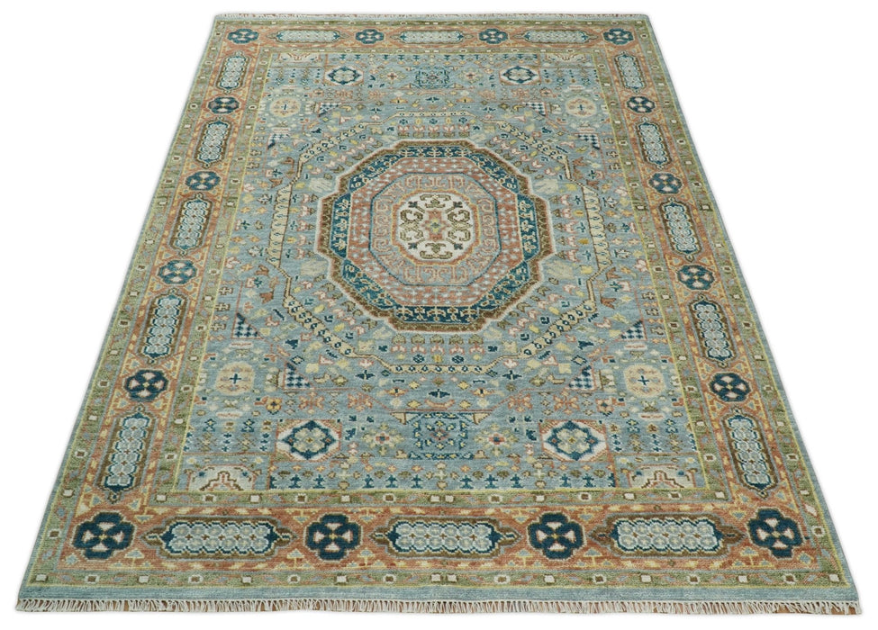 Rust and Blue Hand Knotted traditional Antique look Turkish Mamluk Living Room Multi Size wool Area Rug