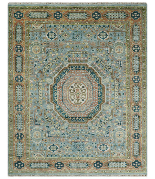 Rust and Blue Hand Knotted traditional Antique look Turkish Mamluk Living Room Multi Size wool Area Rug