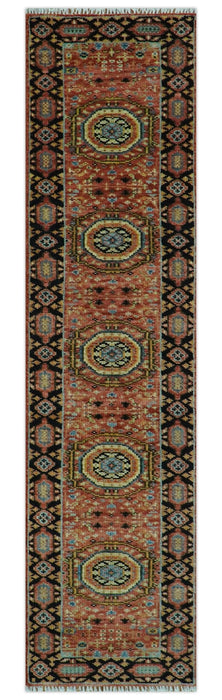 Hand Knotted Traditional Kazak Medallion Rust and Black Wool Area Rug