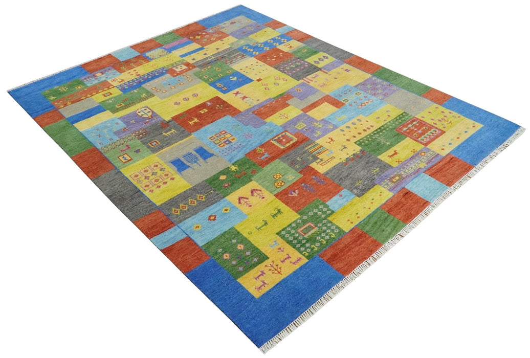 Hand knotted Traditional Multi color 8x10 Antique Tribal Style Gabbeh Design Wool Area Rug