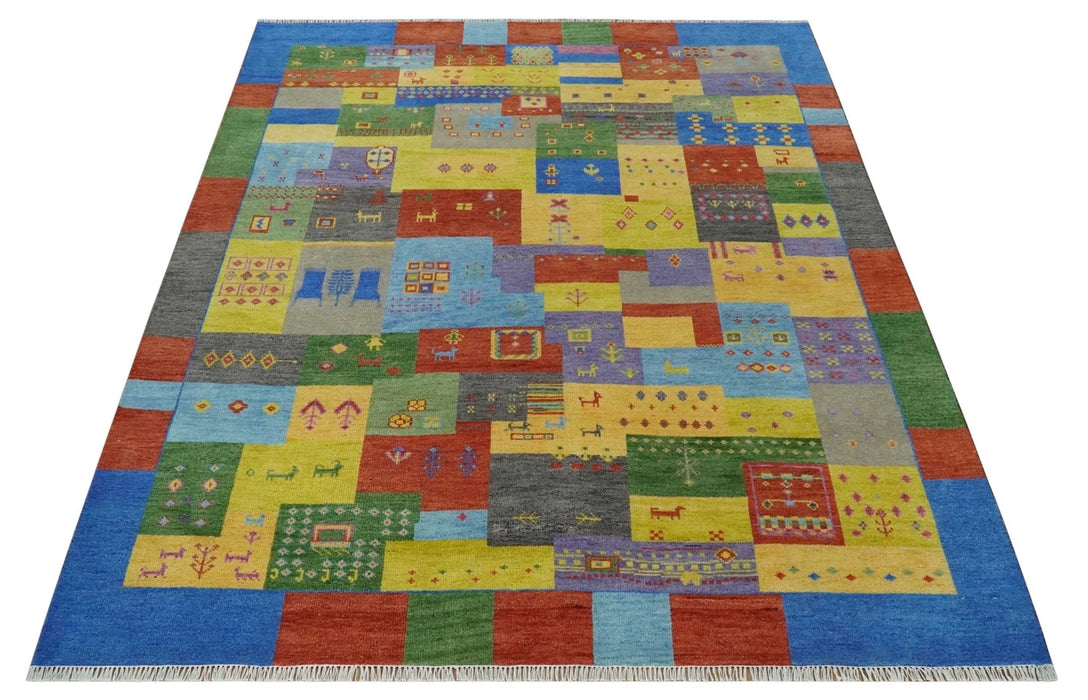 Hand knotted Traditional Multi color 8x10 Antique Tribal Style Gabbeh Design Wool Area Rug