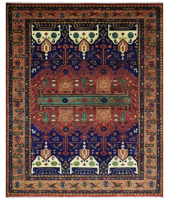 Hand knotted Traditional Multi Sizes Antique Style Vintage Finish Rust and Blue Area Rug