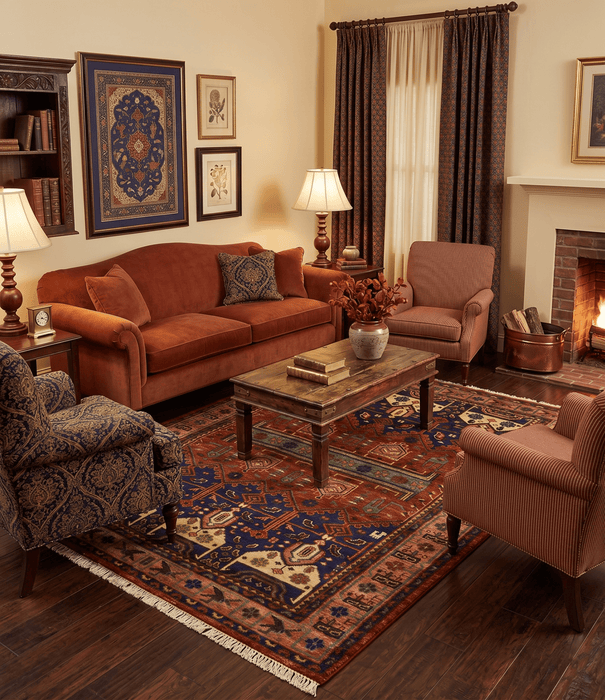 Hand knotted Traditional Multi Sizes Antique Style Vintage Finish Rust and Blue Area Rug
