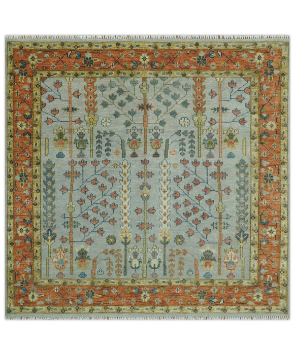 Hand Knotted Tree of Life Rust and Blue Traditional Turkish Design Wool Rug