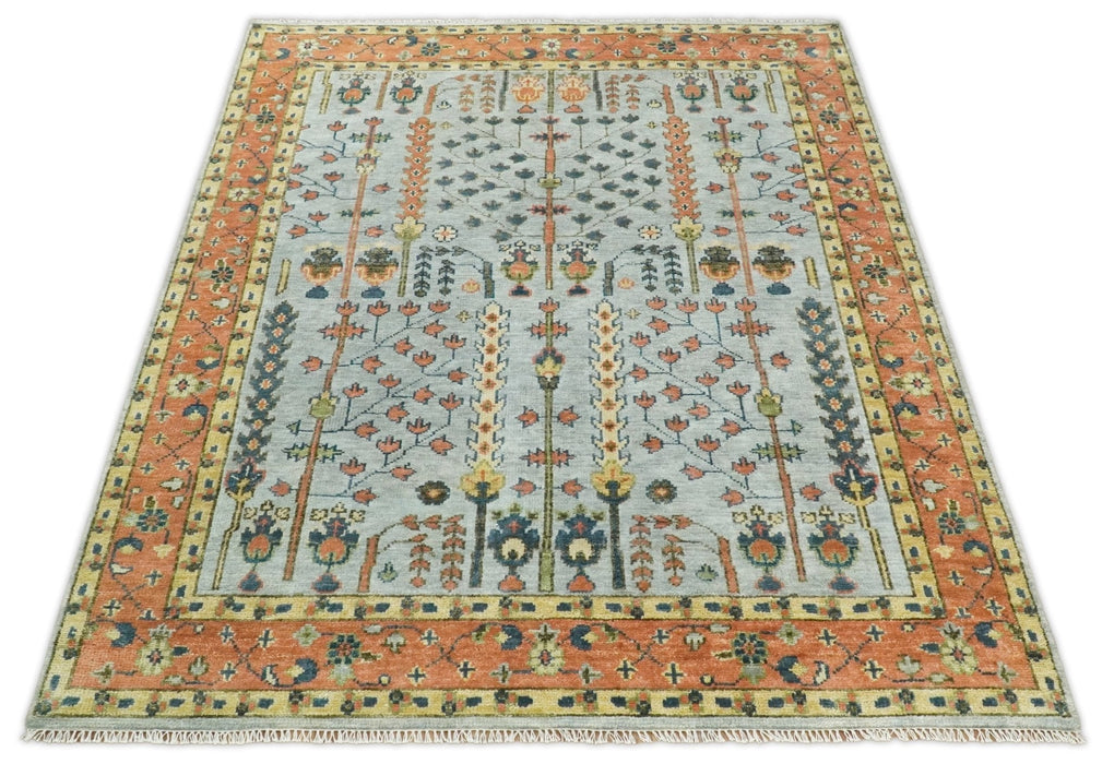 Hand Knotted Tree of Life Rust and Blue Traditional Turkish Design Wool Rug