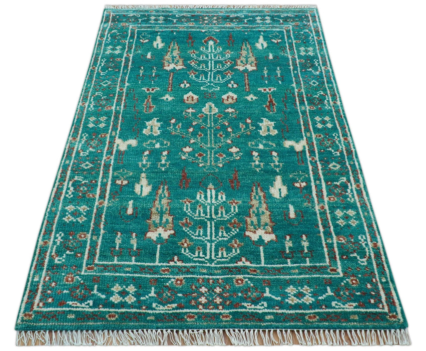 Hand knotted Tree of life Teal Traditional Style 4x6 Wool Area Rug