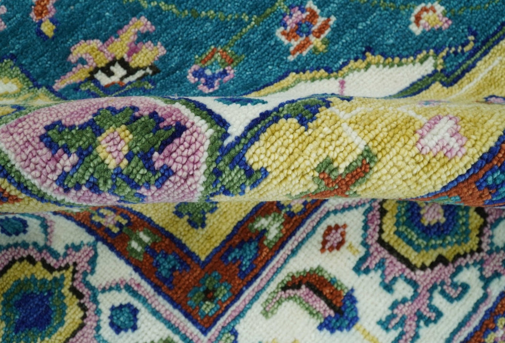 Hand Knotted White, Gold and Blue Multi Sizes Vibrant Colorful Heriz Medallion Area Rug