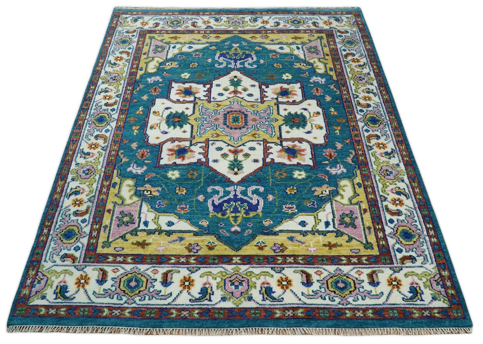 Hand Knotted White, Gold and Blue Multi Sizes Vibrant Colorful Heriz Medallion Area Rug