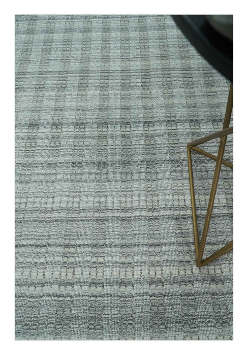 Hand Made 8x10 Modern Stripes Charcoal, Gray and Beige Scandinavian Blended Wool Flatwoven Area Rug | KE9