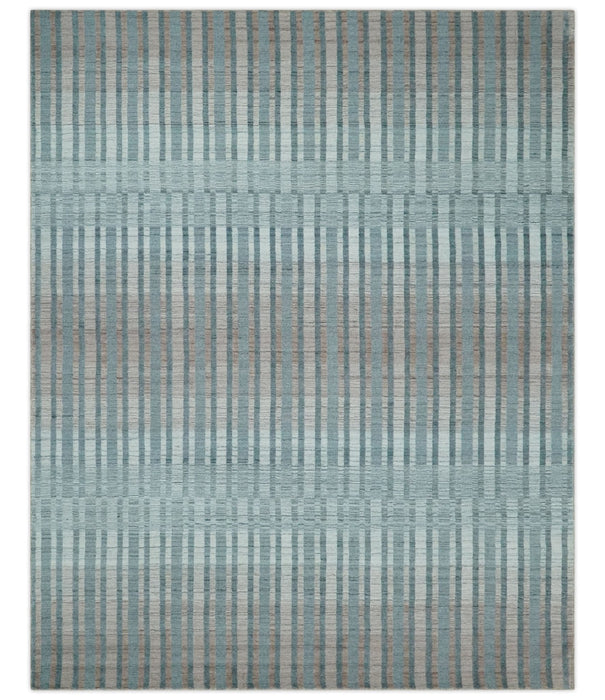 Hand Made 8x10 Modern Stripes Peach, Gray and Silver Blended Wool Area Rug