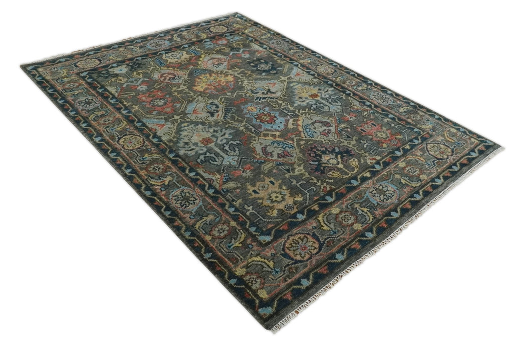 Hand Spun Wool Traditional Legacy Oushak Blue, Rust and Charcoal Area Rug