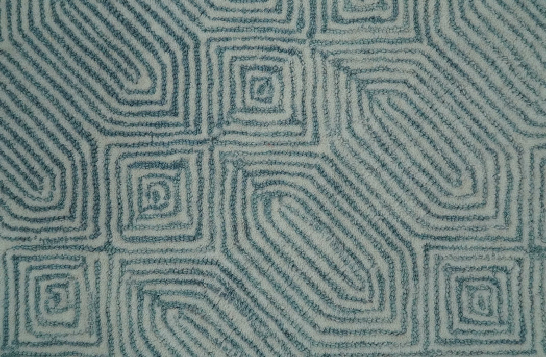 Modern Diamond Design Aqua and Ivory Hand Tufted Wool Area Rug