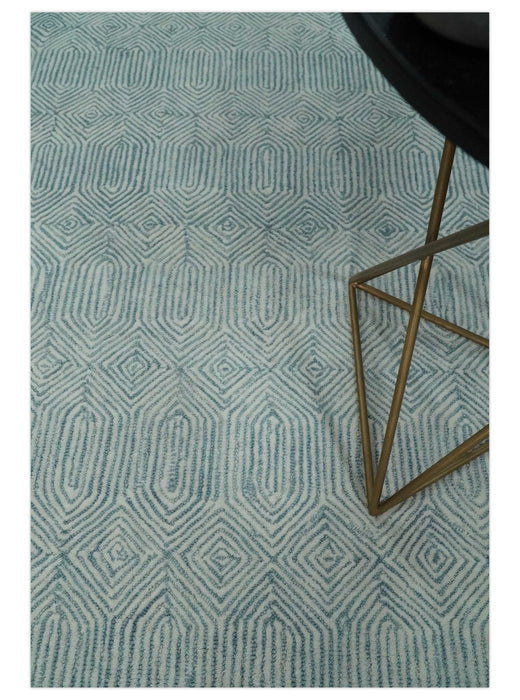 Modern Diamond Design Aqua and Ivory Hand Tufted Wool Area Rug