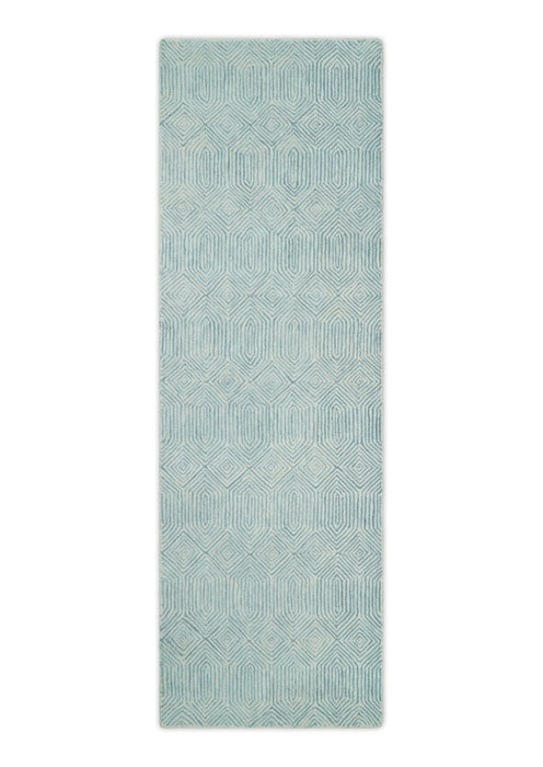 Modern Diamond Design Aqua and Ivory Hand Tufted Wool Area Rug