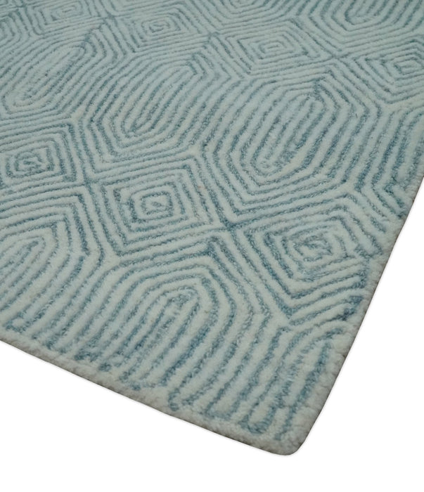 Modern Diamond Design Aqua and Ivory Hand Tufted Wool Area Rug