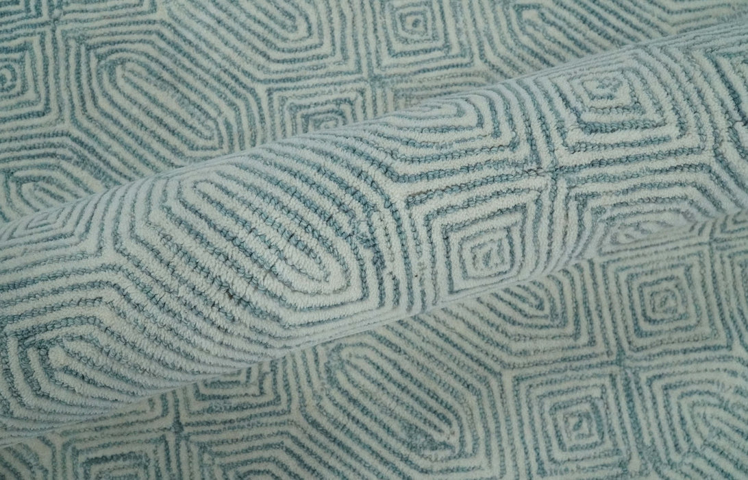 Modern Diamond Design Aqua and Ivory Hand Tufted Wool Area Rug