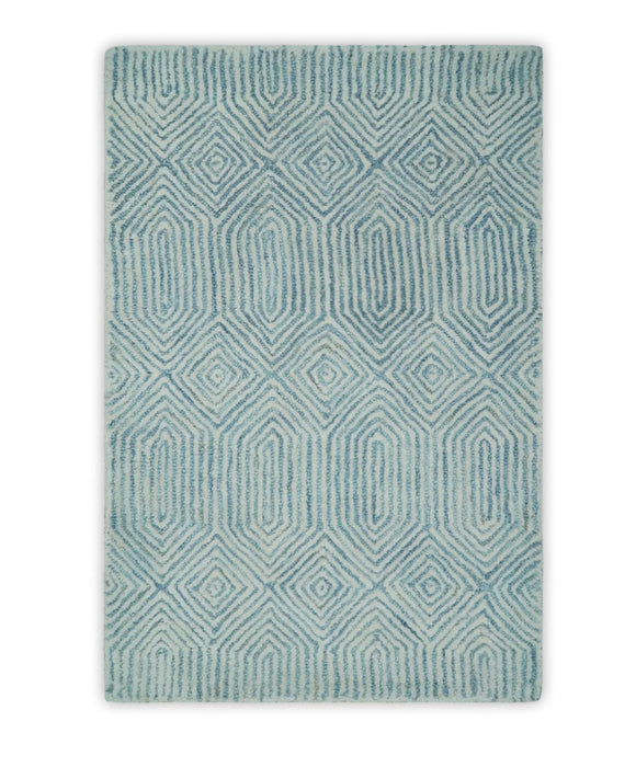 Modern Diamond Design Aqua and Ivory Hand Tufted Wool Area Rug