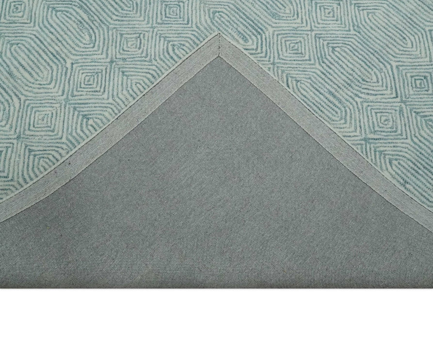 Modern Diamond Design Aqua and Ivory Hand Tufted Wool Area Rug