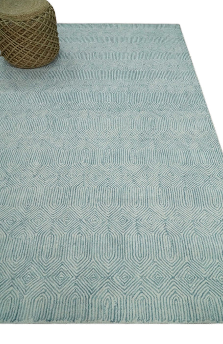 Modern Diamond Design Aqua and Ivory Hand Tufted Wool Area Rug