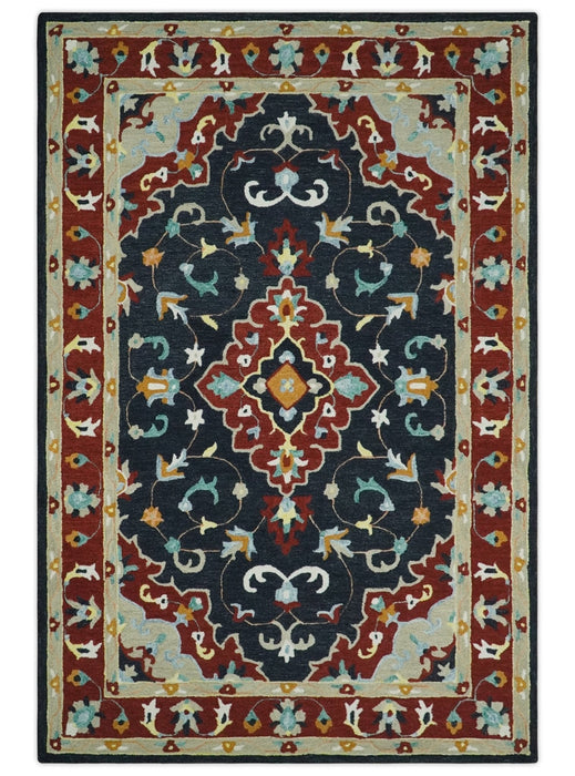 Hand Tufted Black, Rust and Beige Persian Style Antique Oriental Wool Area Rug