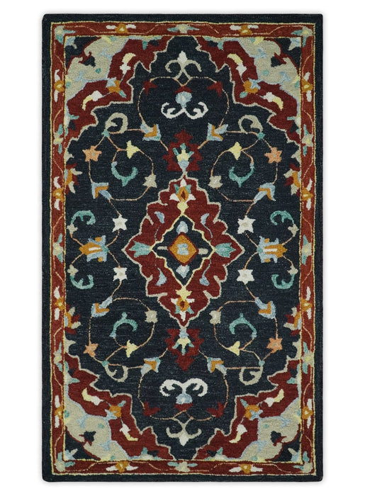 Hand Tufted Black, Rust and Beige Persian Style Wool Area Rug
