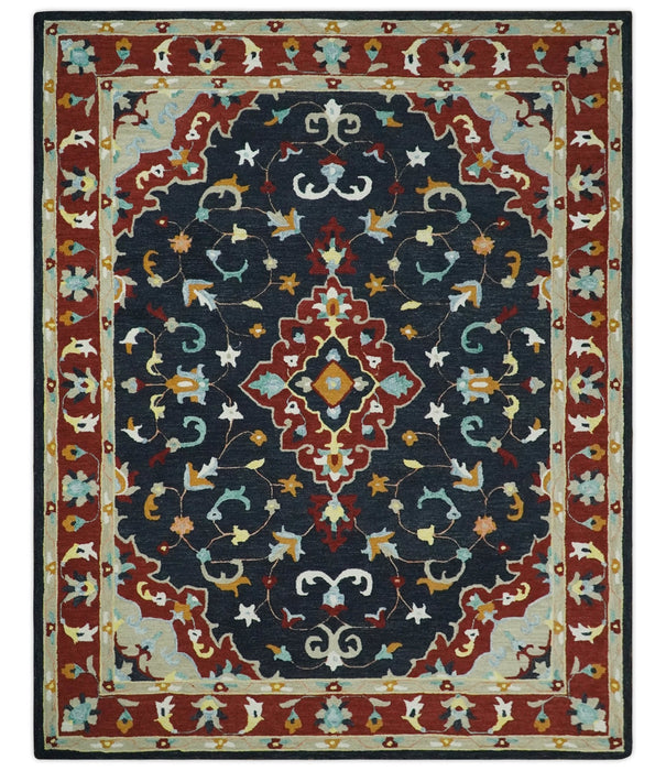 Hand Tufted Black, Rust and Beige Persian Style Wool Area Rug