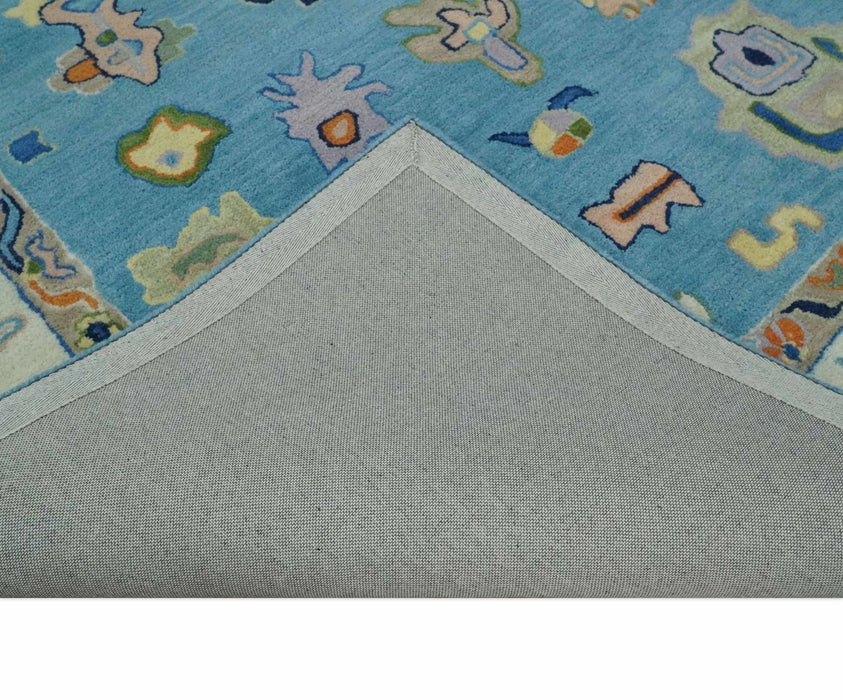 Hand Tufted Blue and Ivory Multi Size Modern Colorful Oushak Rug