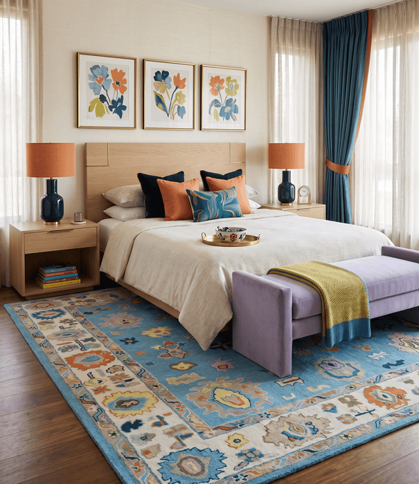 Hand Tufted Blue and Ivory Multi Size Modern Colorful Oushak Rug